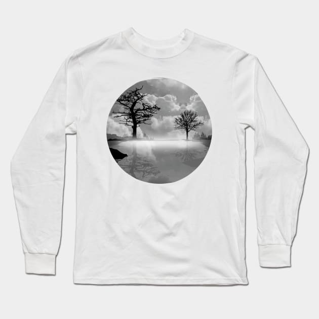 A calm lake in the fog in the morning in black and white Long Sleeve T-Shirt by Kisho